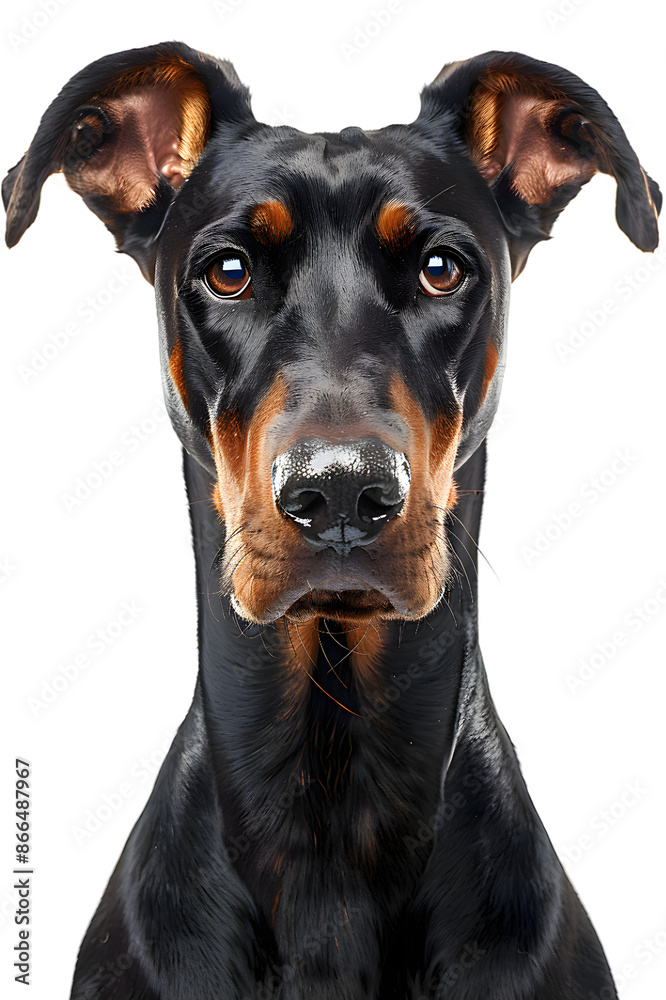 Closeup portrait of doberman sitting in front of camera isolated on transparent background Closeup portrait of doberman sitting in front of camera isolated on transparent background