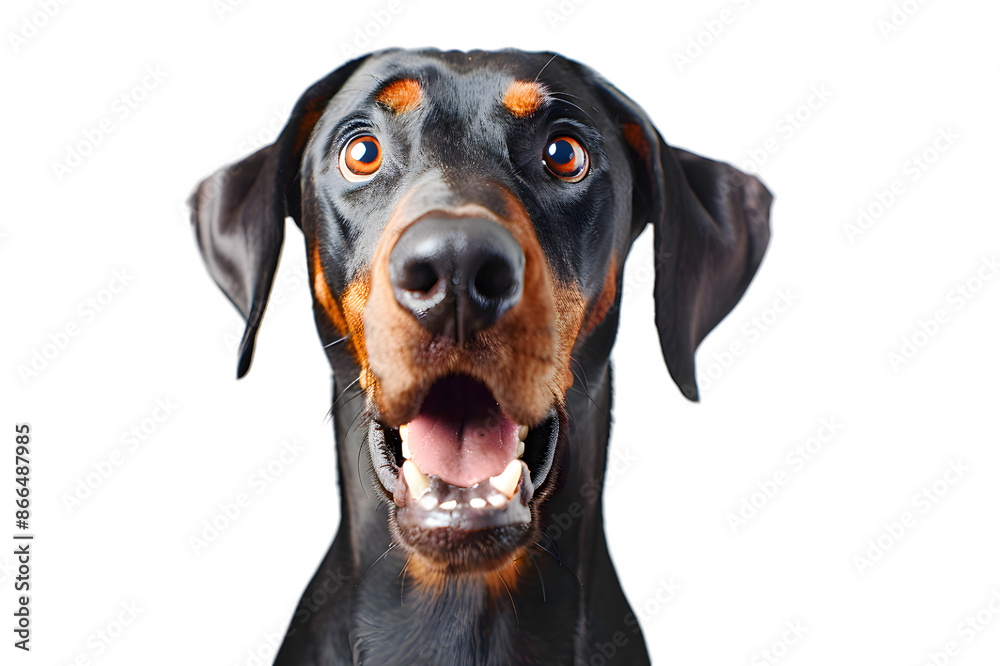 Closeup portrait of doberman sitting in front of camera isolated on transparent background Closeup portrait of doberman sitting in front of camera isolated on transparent background