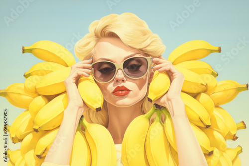 Beautiful girl in stylish sunglasses on pastel blue background with banana fruits. Retro style