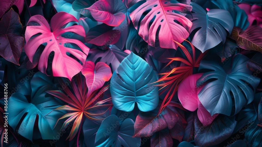 Tropical leaves with a neon pink and blue color scheme. Pattern of foliage in bright colors, perfect for background, wallpaper, or design.