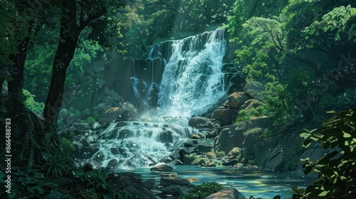 Enchanted Forest Waterfall. Serene Landscape with Lush Greenery and Cascading Water © Lisa_Art