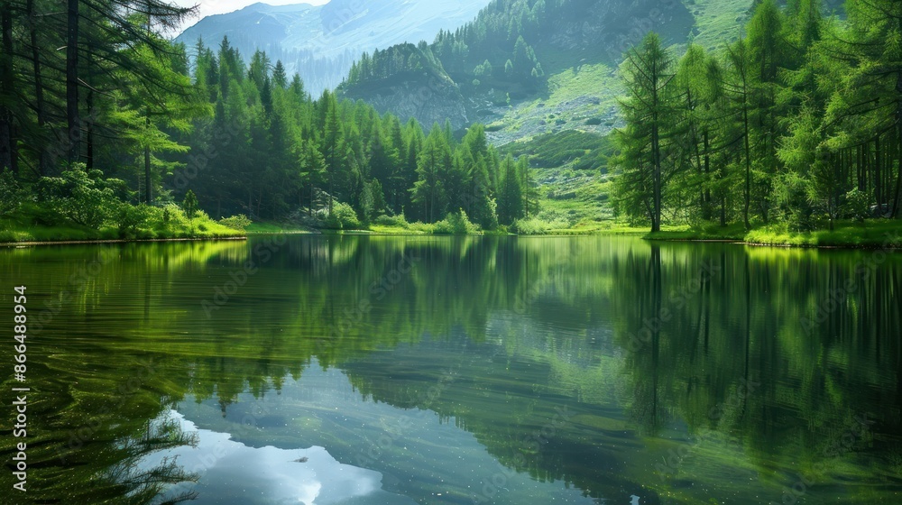 Serene mountain lake reflecting lush green forest and blue sky. Concept of nature, peace, tranquility, and environment Serene mountain lake reflecting lush green forest and blue sky. Concept of nature, peace, tranquility, and environment