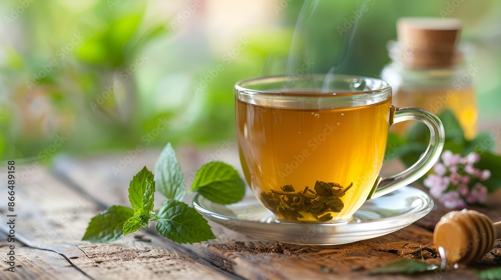 A steaming cup of herbal tea on a wooden table, surrounded by fresh mint leaves and a honey dipper. A steaming cup of herbal tea on a wooden table, surrounded by fresh mint leaves and a honey dipper.