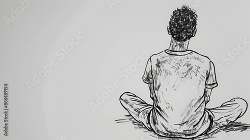 A sketch of a man sitting cross-legged, viewed from behind.