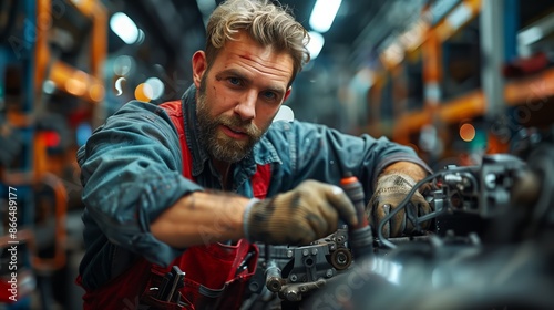 An auto mechanic wearing a work suit and gloves repairs a car engine in a car repair shop, demonstrating skilled manual labour