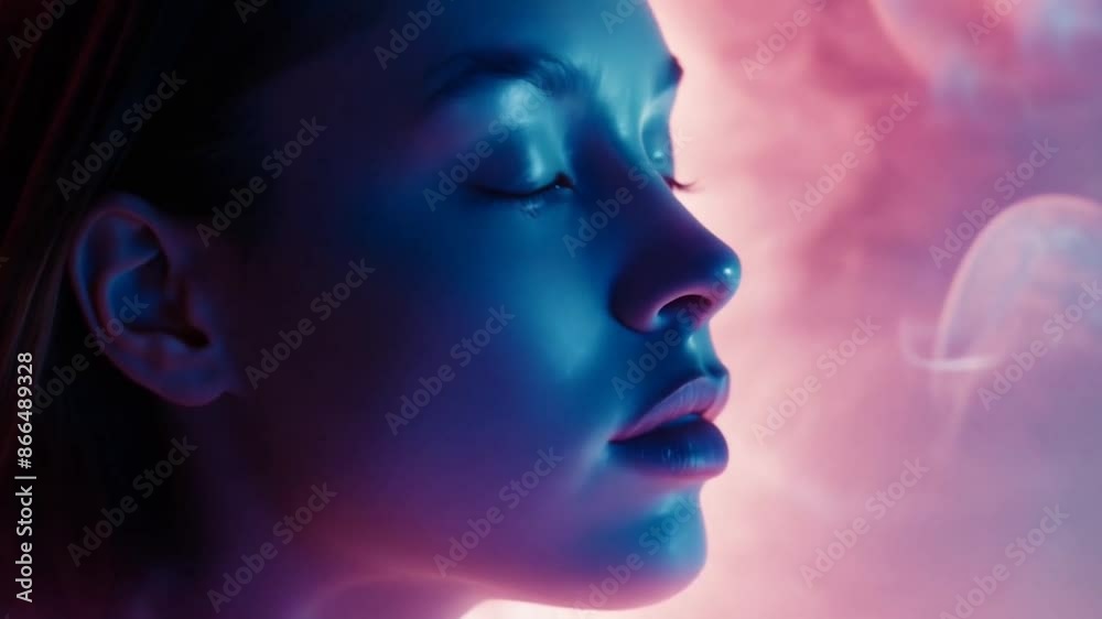 Face of a woman in profile, surrounded by swirling pink and blue smoke. Dreamy surrealist ethereal atmosphere with sparkling light with mystical effect. Sensation, emotion and feeling of femininity Face of a woman in profile, surrounded by swirling pink and blue smoke. Dreamy surrealist ethereal atmosphere with sparkling light with mystical effect. Sensation, emotion and feeling of femininity