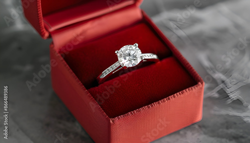 Diamond engagement ring in red box on grey background. Wedding proposal and happiness concept © Oleksiy