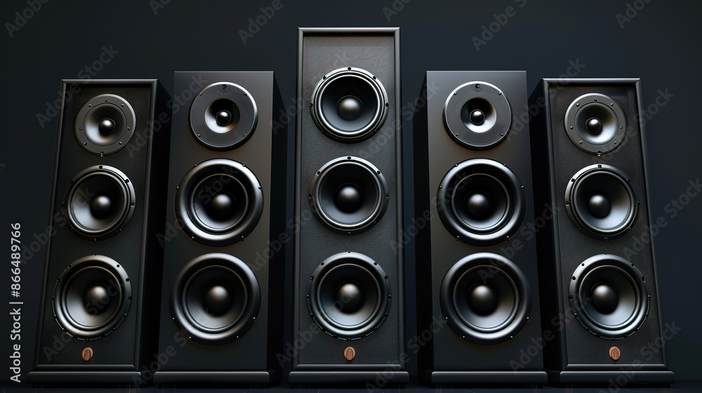 High-Fidelity Stereo Speakers and Surround Sound Home Theatre System in Dark Tones.