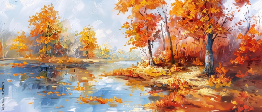 Vibrant Autumn Landscape with Colorful Trees and Serene River in Impressionist Style Painting Vibrant Autumn Landscape with Colorful Trees and Serene River in Impressionist Style Painting