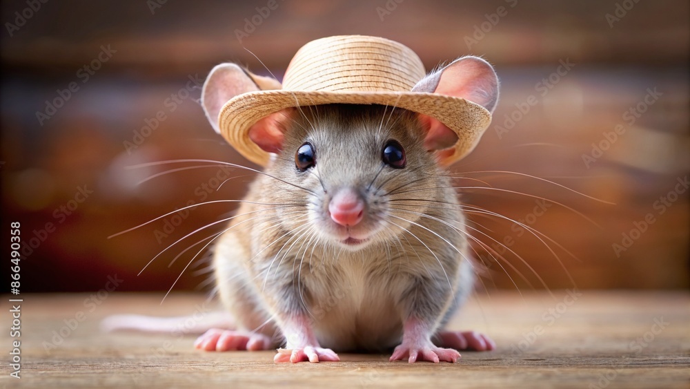 Fototapeta premium A close-up of a gray rat wearing a straw hat and posing for a photo