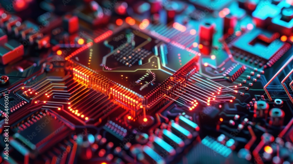 Close-up of a futuristic CPU with glowing circuits, concept of computer science, artificial intelligence, and machine learning Close-up of a futuristic CPU with glowing circuits, concept of computer science, artificial intelligence, and machine learning