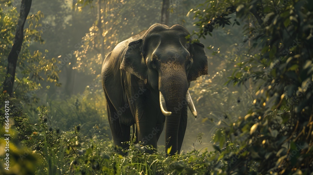 Fototapeta premium Wild elephant in the beautiful forest. 