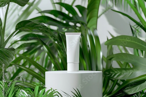 Skincare cream tubes on a white podium, lush tropical leaves creating a luxurious background. © Khalida