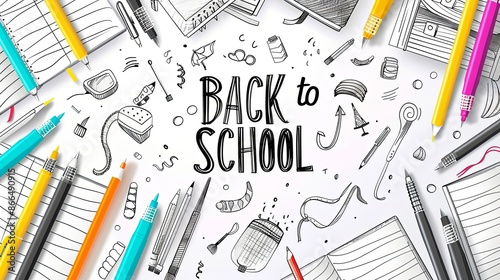 Back to school - flat illustration with the inscription Back to school, books, pens, notebooks on a blue background