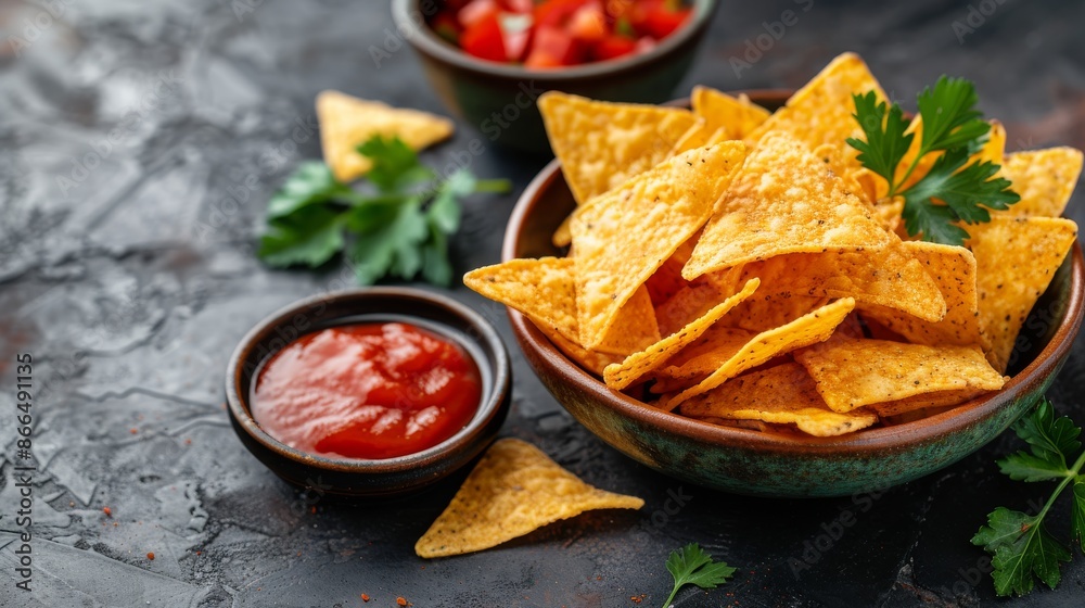 Bowl of tortilla chips with salsa and guacamole. Mexican food, snack food, party food, dipping sauce, appetizer. Bowl of tortilla chips with salsa and guacamole. Mexican food, snack food, party food, dipping sauce, appetizer.