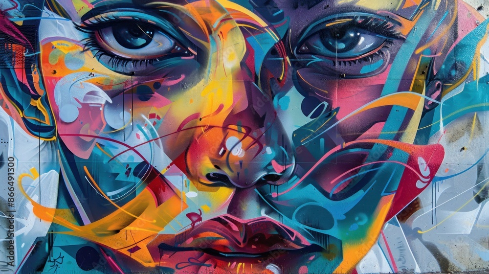 Vivid and Colorful Urban Street Art Mural of a Woman's Face, Abstract Portrait Art Vivid and Colorful Urban Street Art Mural of a Woman's Face, Abstract Portrait Art