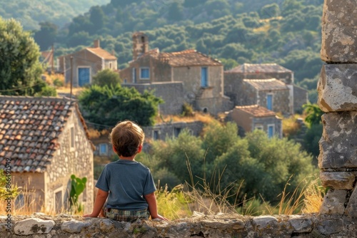 Back view of a child looking at a picturesque village surrounded by nature from an elevated point