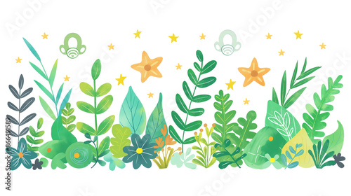 Children's emblem composition with stars, beautiful green plants, and a baby pacifier for a child isolated on a transparent background,