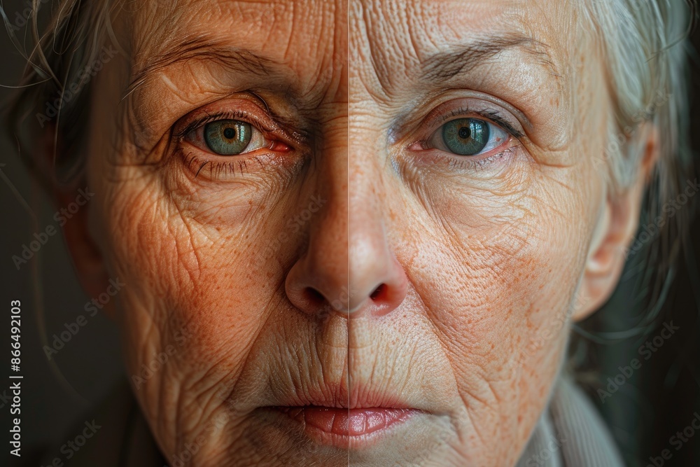 Aging Process Comparison: Wrinkled Elderly Woman's Face Before and After Skincare Treatment Aging Process Comparison: Wrinkled Elderly Woman's Face Before and After Skincare Treatment