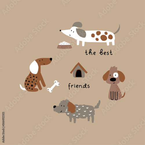 print design with cute puppies drawing as vector