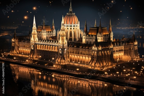 Budapest, Hungary, the Hungarian Parliament (Országház), an impressive gothic building., generative IA