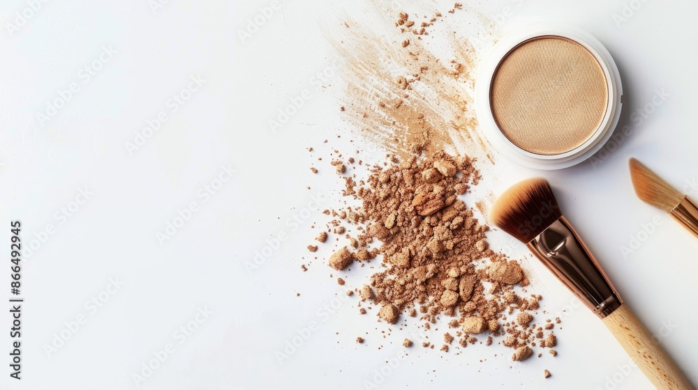 Isolated white background with face powder and brush top view with space for text