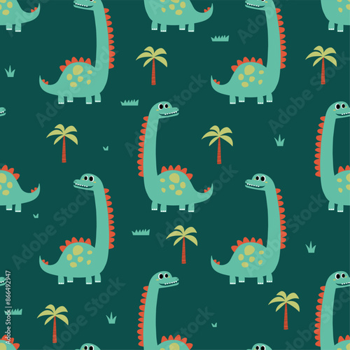 pattern design for kids fashion with cute dinosaur drawing as vector