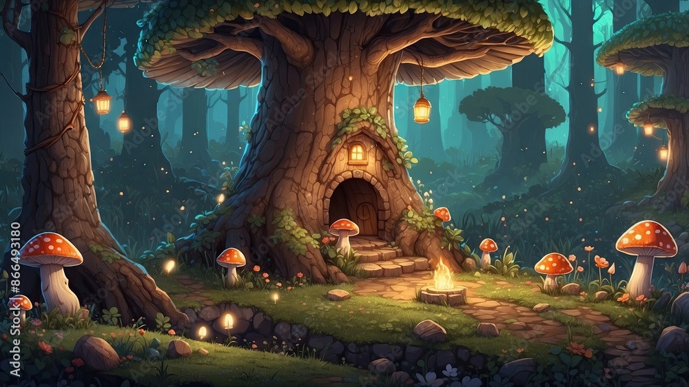 Fototapeta premium Illustration of magic mushrooms in the forest, fairy tale style