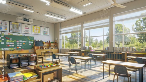 Show the school building with its various classrooms, hallways, and playgrounds. Include details such as students moving between classes, teachers engaged in instruction, and colorful bulletin boards 