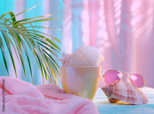 Photo in a studio, minimal comosition with a colorful background pink and blue,green palm, a large sea shell,beach towel,tmbler cup studio light,sunglasses. photo