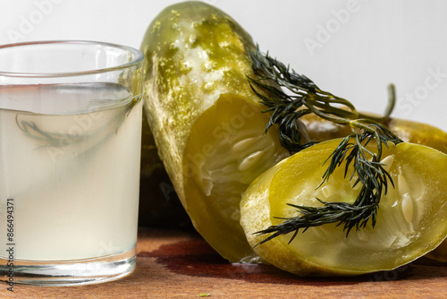 traditional naturally fermented pickled cucumber with dill and typical seasonings. Natural probiotic photo