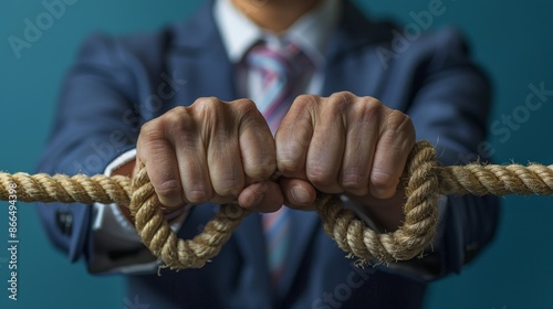 A man in a suit is holding a rope with his hands