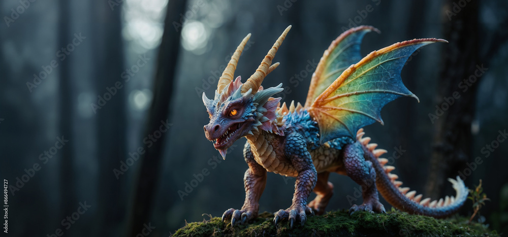 Creepy little colorful fairy dragon in the dark enchanted forest with piercing eyes, elf dragon, soft moss, generative AI Creepy little colorful fairy dragon in the dark enchanted forest with piercing eyes, elf dragon, soft moss, generative AI