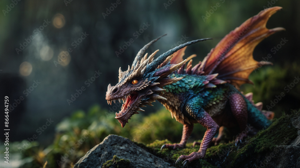 Obraz premium Tiny creepy fairy dragon, scary dark fairy forest, colorful little dragon, elf dragon, soft moss, generative AI