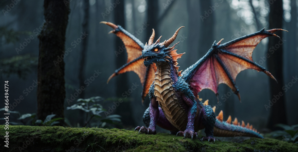 Creepy fairy dragon, scary dark fairy forest, mystical scene, colorful little dragon, elf dragon, Generative AI