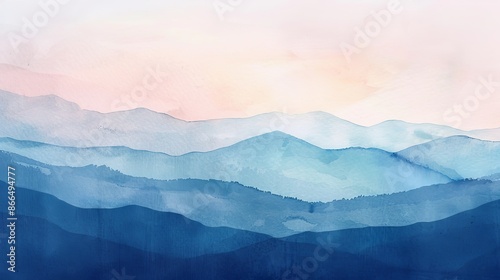 A serene watercolor depiction of mountains fading into a misty horizon with a soothing blue gradient