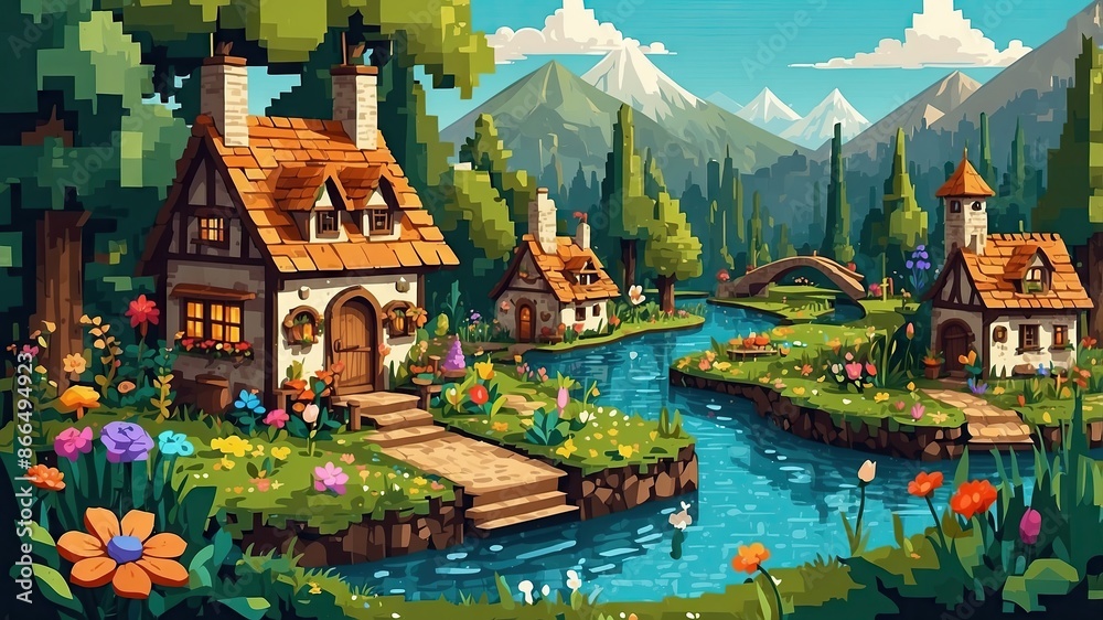 Fototapeta premium Wallpaper like pixel art, fairytale village game style