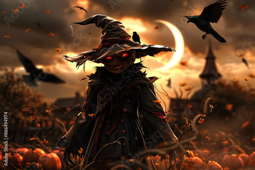  Evil scarecrow with glowing red eyes, pumpkin field, Halloween night photo