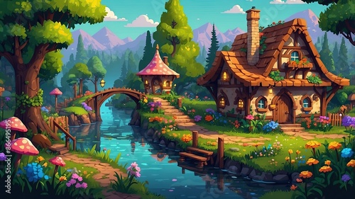 Wallpaper like pixel art, fairytale village game style © Damian Sobczyk