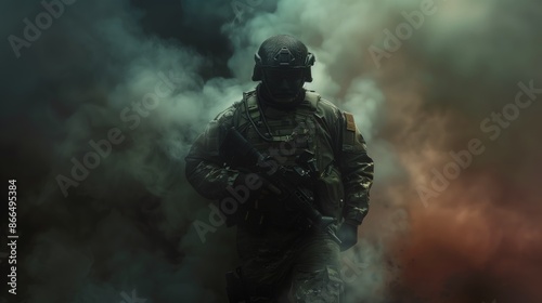 Modern Soldier in Full Combat Gear Advancing Through Dense Smoke