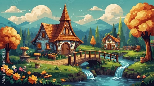Wallpaper like pixel art, fairytale village game style