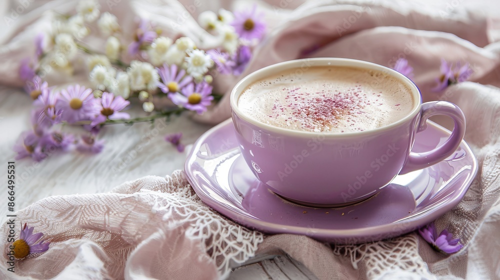 Cappuccino in purple cup on the table, Boho Chic Styled Decor Cappuccino in purple cup on the table, Boho Chic Styled Decor