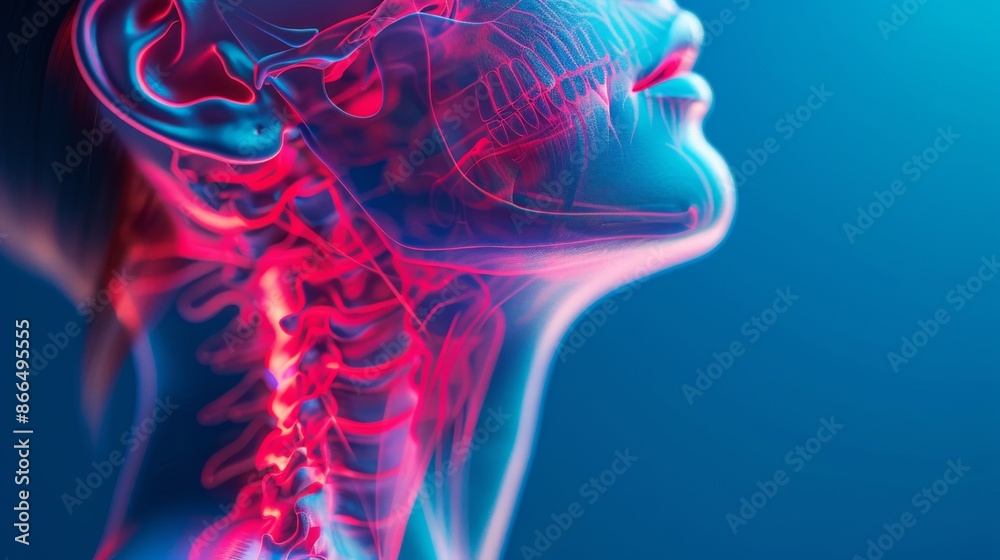 Close-up digital illustration of the human neck anatomy with vibrant red and blue colors Close-up digital illustration of the human neck anatomy with vibrant red and blue colors