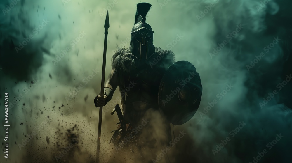 Greek Hoplite Warrior in Armor with Spear and Shield Amidst Smoke Greek Hoplite Warrior in Armor with Spear and Shield Amidst Smoke