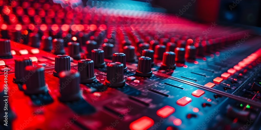 Fototapeta premium Wide shot of recording studio mixing console with red cinematic lighting. Concept Recording Studio, Mixing Console, Cinematic Lighting, Wide Shot