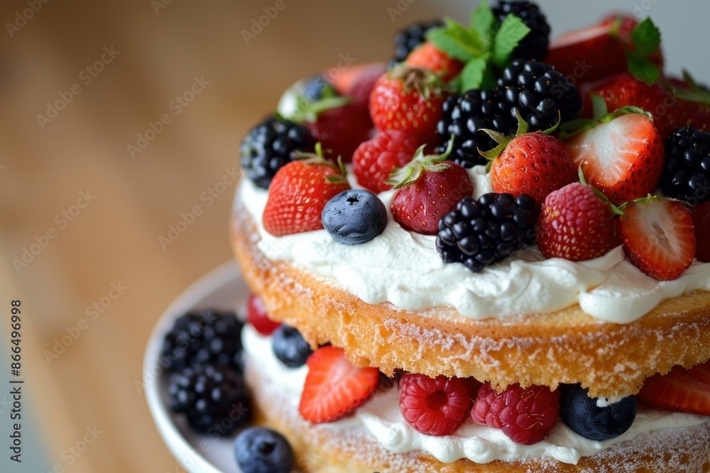 Closeup of a delicious sponge cake topped with whipped cream and fresh berries