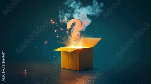 Mysterious box on a dark, misty background. A vibrant image a gift box with a luminous question mark
