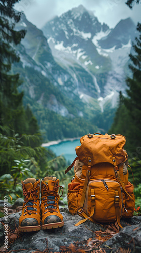Close up of  a hiking backpack and traveler's boots on the top of a mountain, with a panoramic view. Exploration and trekking concept .