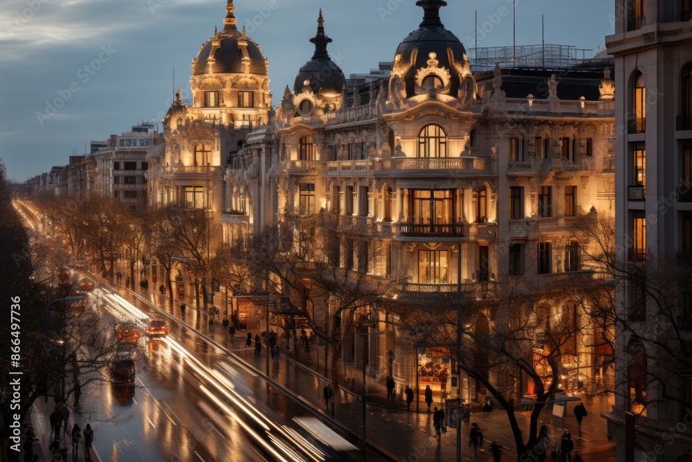 Naklejka premium Barcelona, ??Spain, Passig de Gràcia Avenue, with brand and impressive architecture stores., generative IA