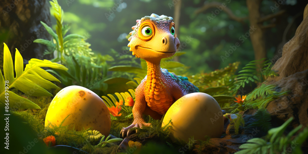 Cute cartoon baby dinosaur hatching from an imaginary egg of a ...